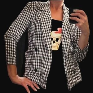 Vtg 80s 90s Kono NY blk white plaid gingham seersucker oversized goth blazer L